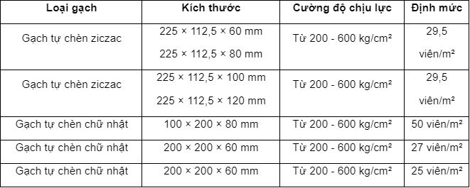Thông số kích thước, độ chịu lực và định mức số viên/m2 một số loại gạch tự chèn